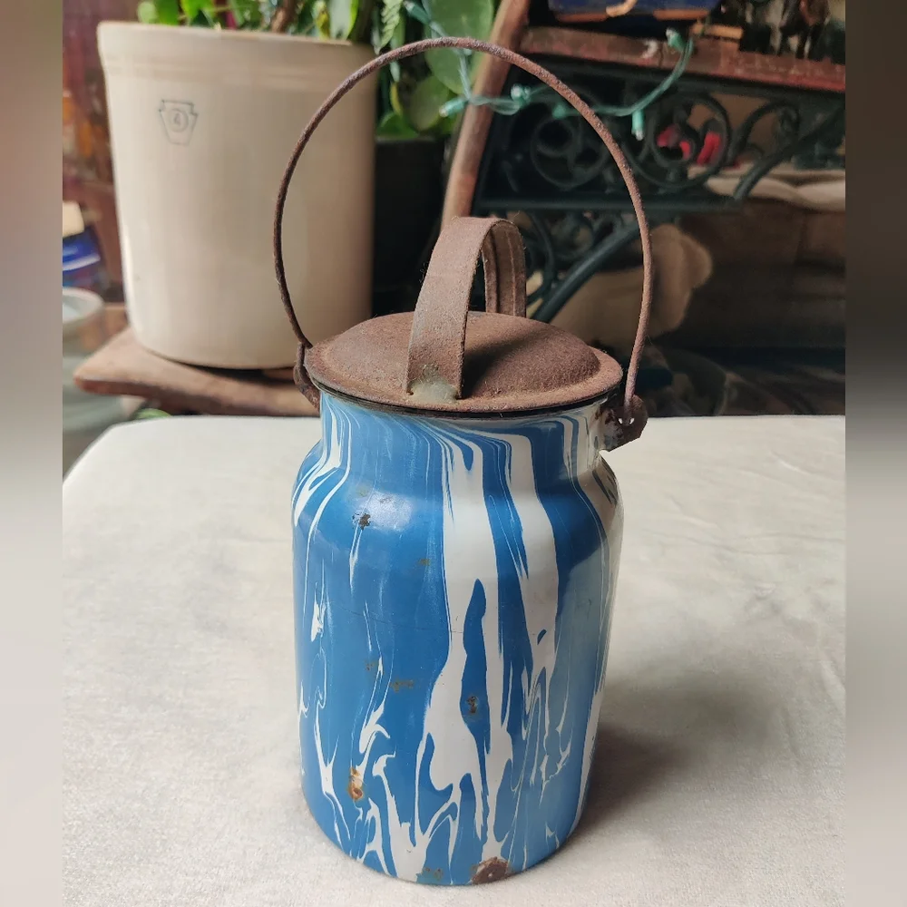 Antique Graniteware Milk Canister Pail Blue White Swirl Metal Lid Wire Handle